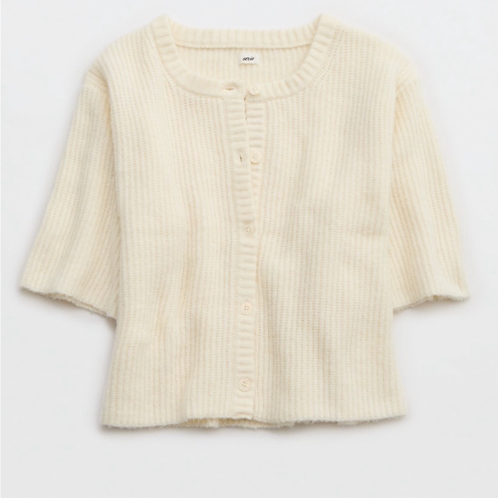 aerie Cream Short Sleeve Button-Up Cardigan